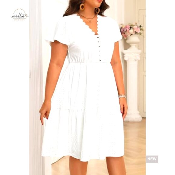 Plus Size Boho Sundress Eyelet Lace V Neck Tiered Midi Casual Summer - Picture 3 of 7